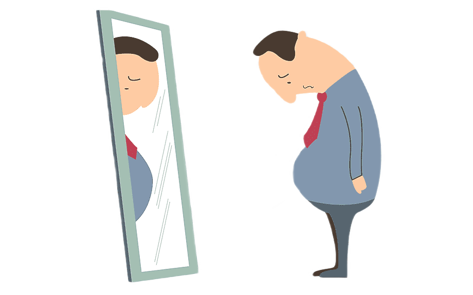 Overweight men look into a mirror.