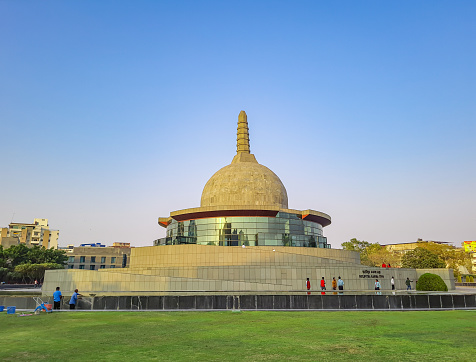 buddha stupa with bright blue sky at morning from different angle image is taken at buddha park patna bihar india