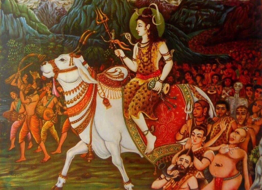 A picture of lord Shiva with his barat heading to Maa Parvati for the marriage