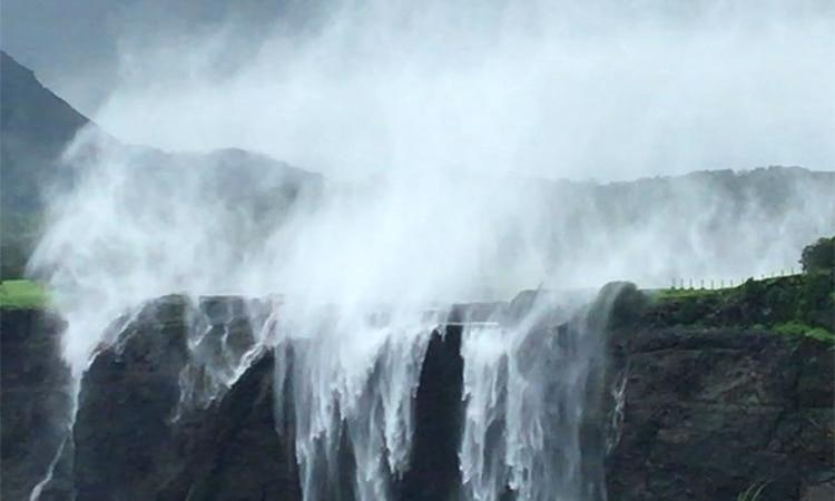 Reverse waterfall, water flowing upwards, near Naneghat,Mumbai