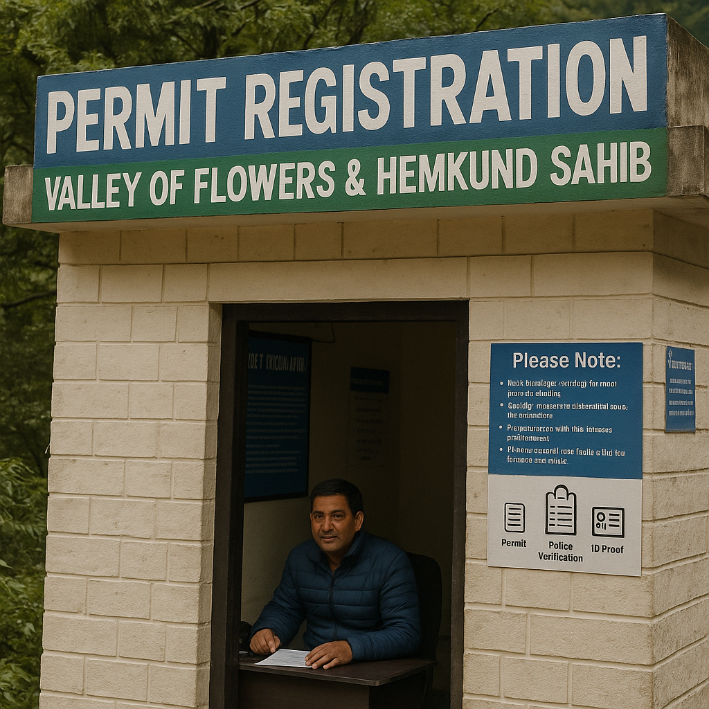 “Permit registration booth for Valley of Flowers and Hemkund Sahib trek with a man seated inside, surrounded by signage.”