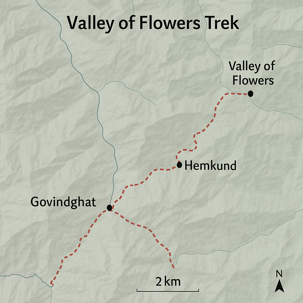 Simplified map of the Valley of Flowers trek route from Govindghat to Ghangaria, Hemkund, and Valley of Flowers.”