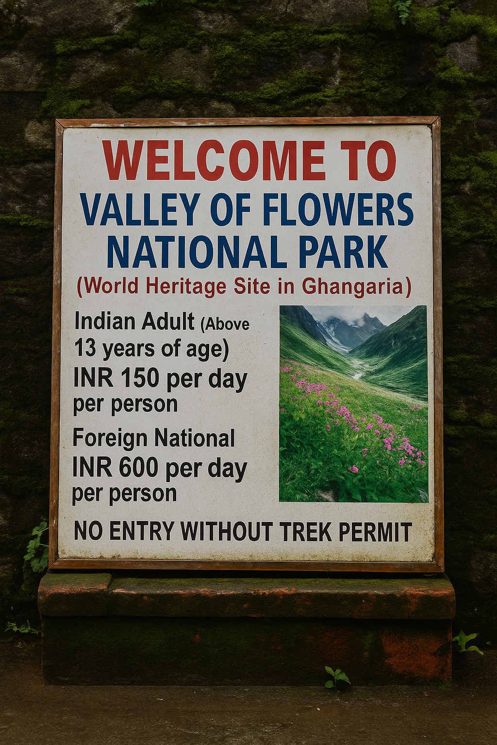 Informational sign in Ghangaria showing entry fees and permit details for Valley of Flowers National Park.”