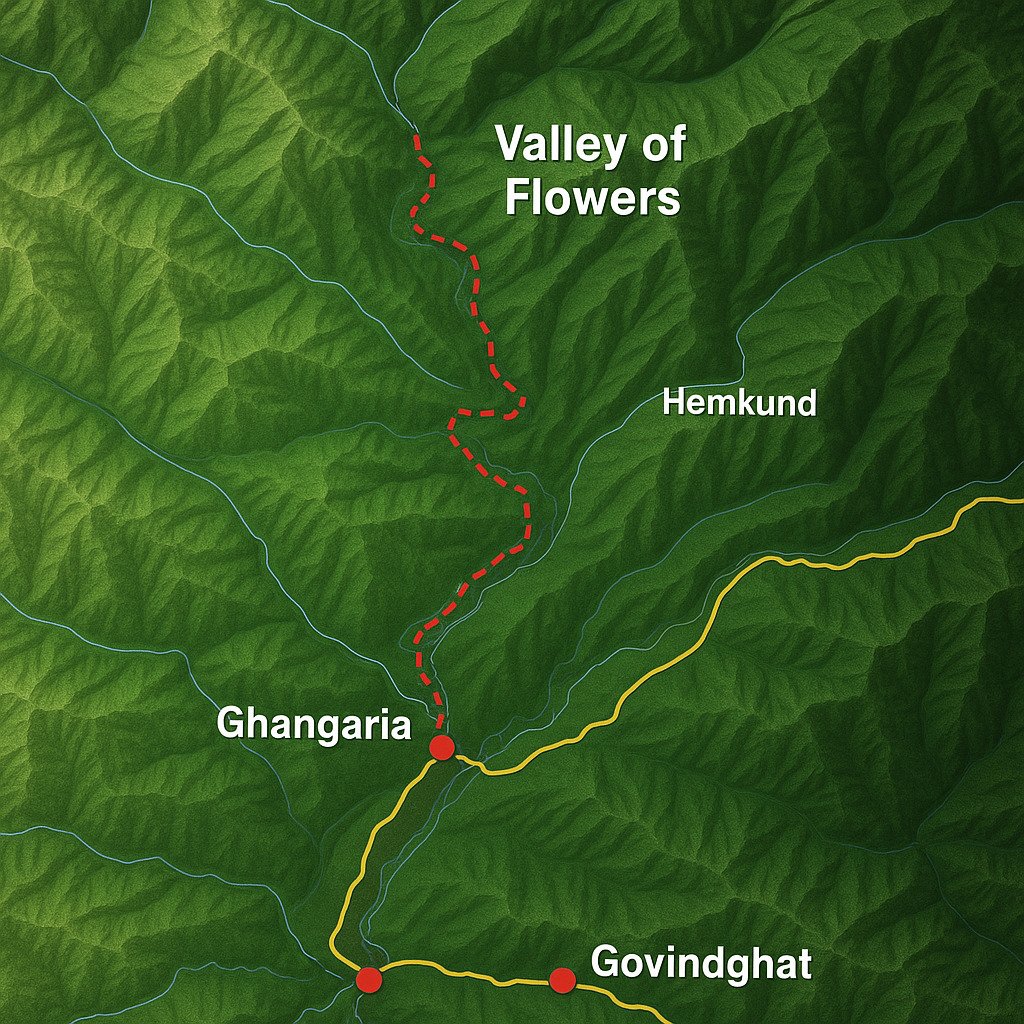Topographic map of Valley of Flowers trek route showing Govindghat, Ghangaria, Hemkund, and the Valley trail.”