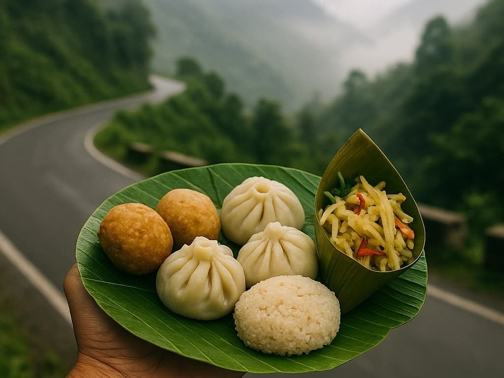“Traveler’s hand holding momos, pitha rice cake, and bamboo shoot salad on a banana leaf against a misty mountain road at dawn.”