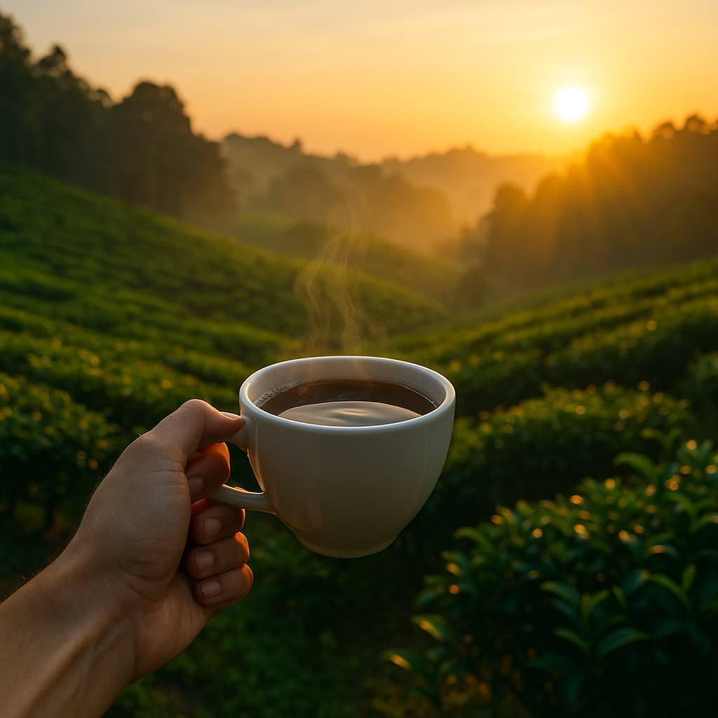 “Steaming cup of Assam black tea against sunlit Jorhat tea gardens at sunrise”
