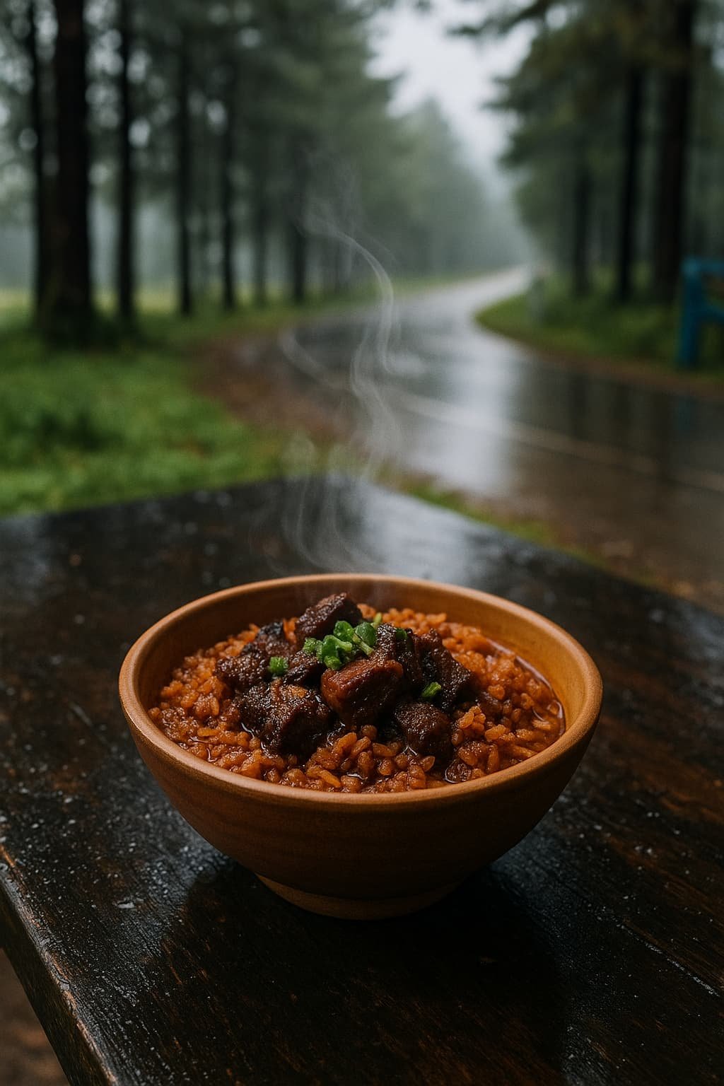“Clay bowl of Meghalaya Jadoh (red rice & pork) on a monsoon-wet roadside table”