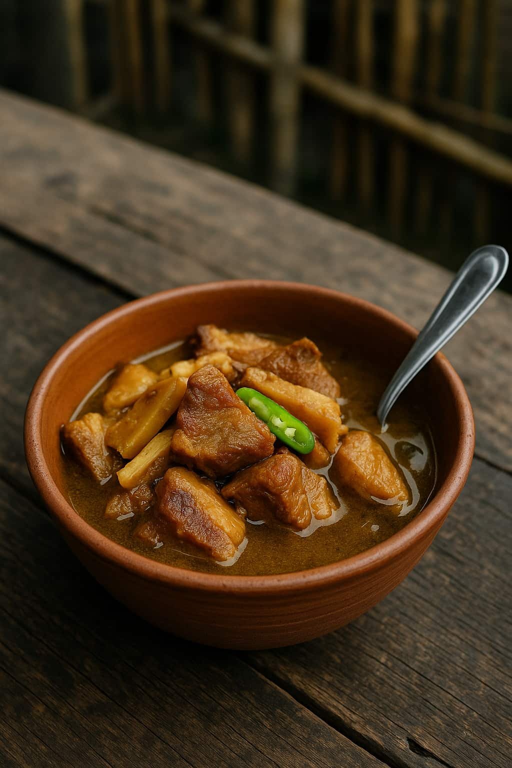 “Smoked pork with bamboo shoot curry in earthenware bowl on rustic wooden table”