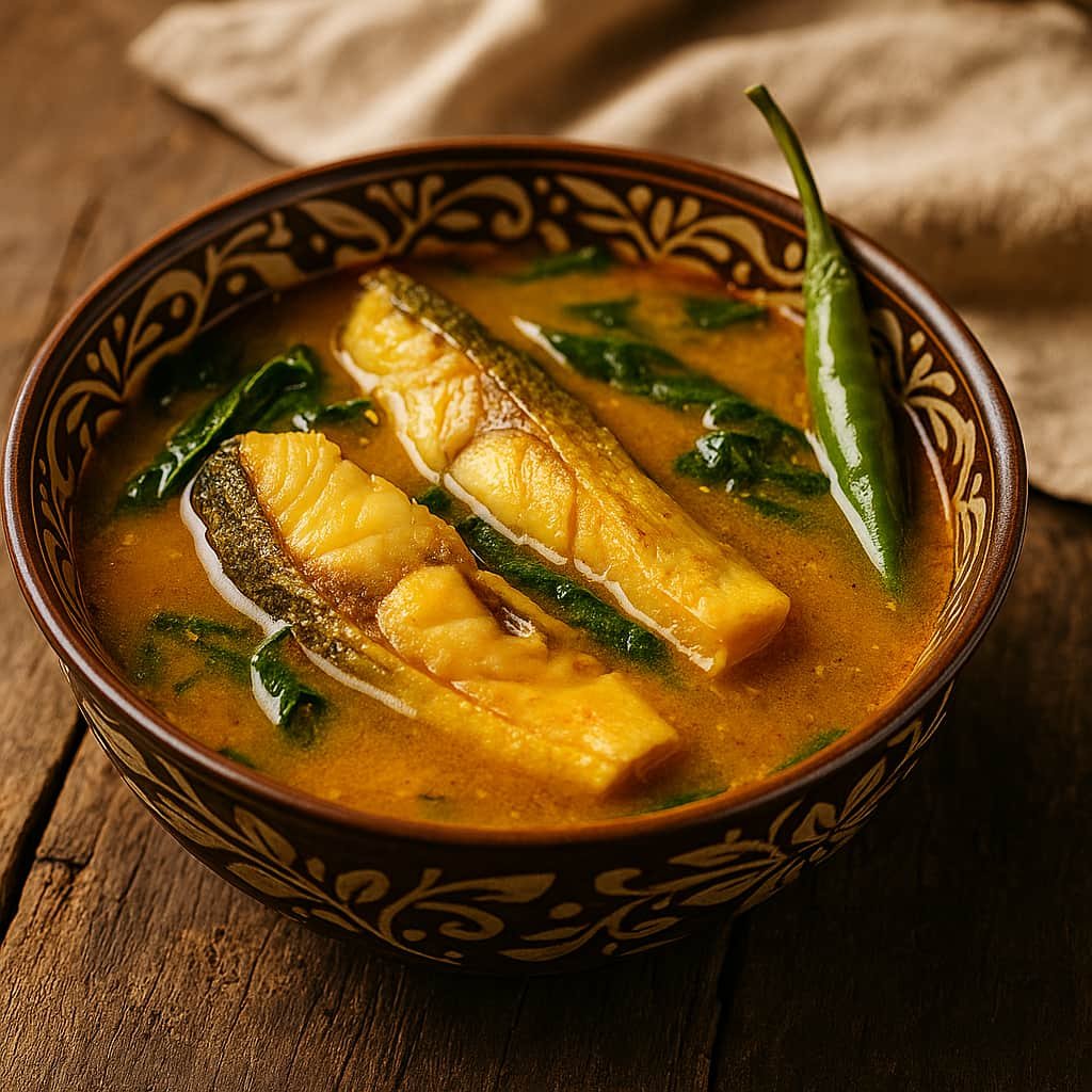 “Traditional Manipuri Nga Thongba fish curry in a decorative bowl with green chili”