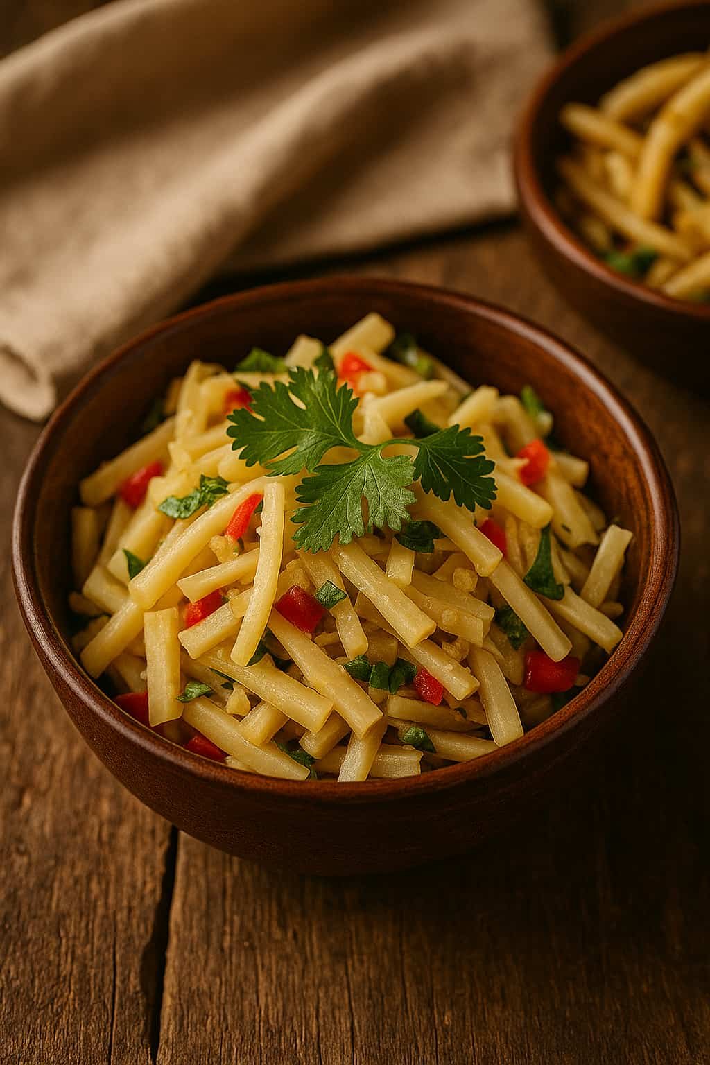 “Traditional Tripura Mui Borok bamboo shoot salad in a wooden bowl with chili and herbs”