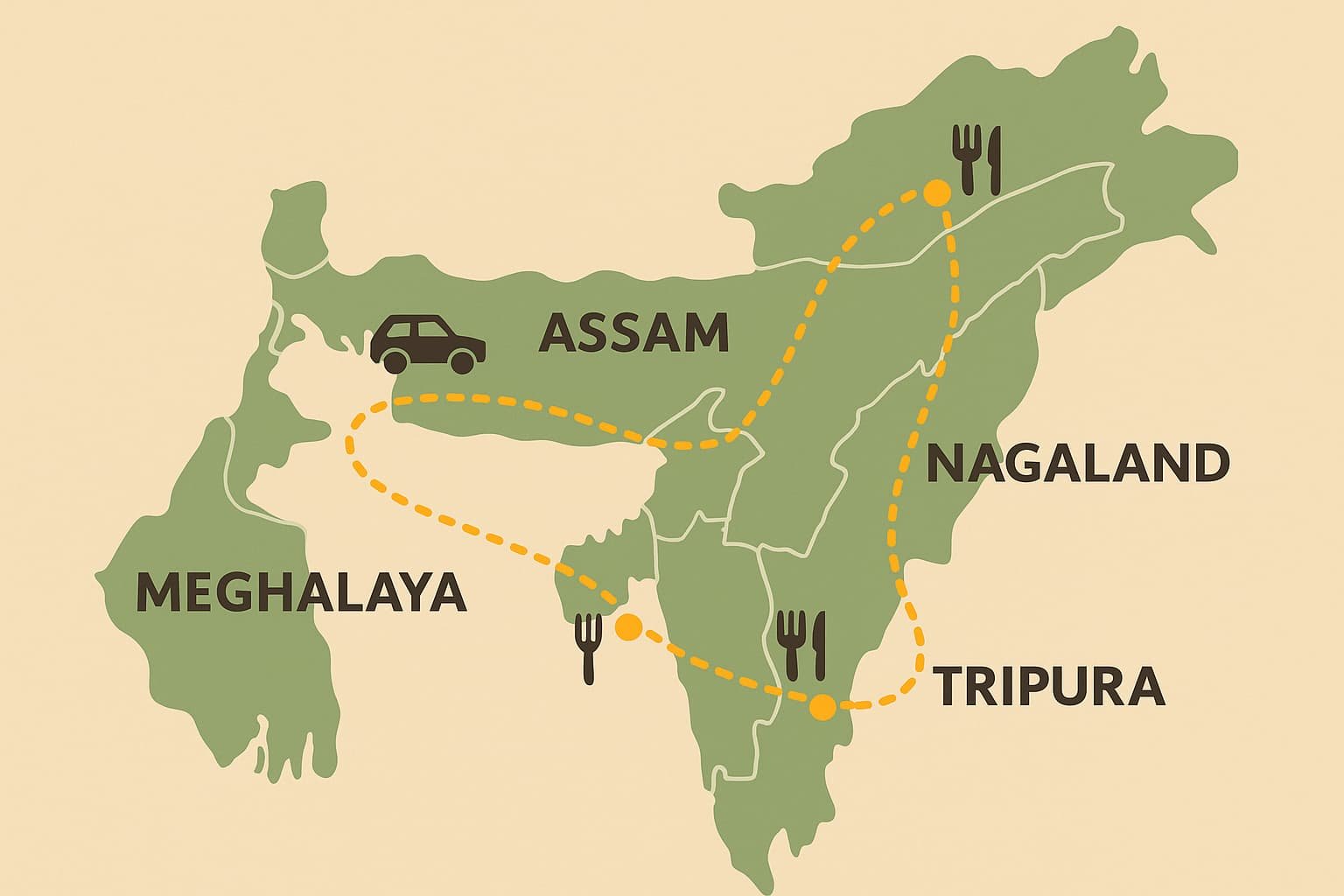 “Map of Northeast India with a dotted car route connecting Assam, Meghalaya, Nagaland, Manipur, and Tripura”
