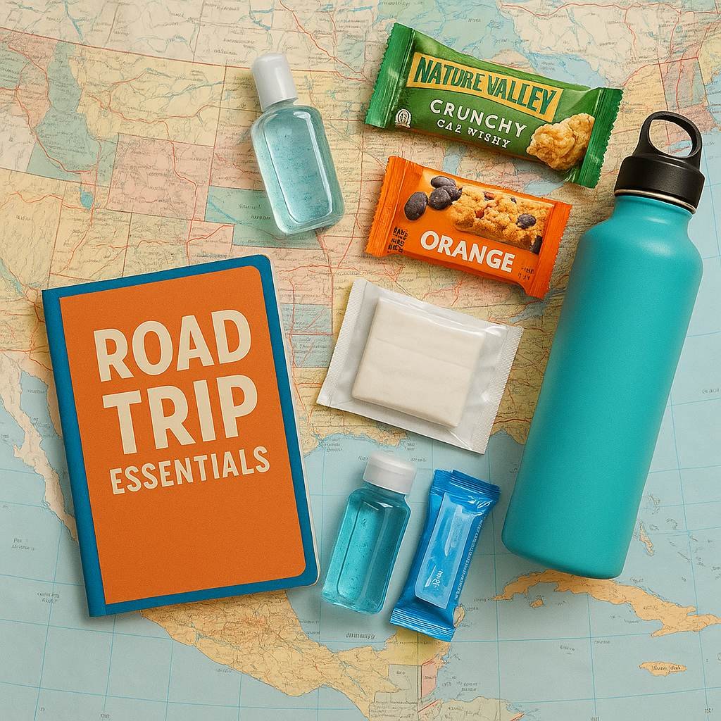 “Flat lay of road trip essentials: guidebook titled ‘Road Trip Essentials’, map background, hand sanitizer, wet wipes, snacks, and a water bottle
