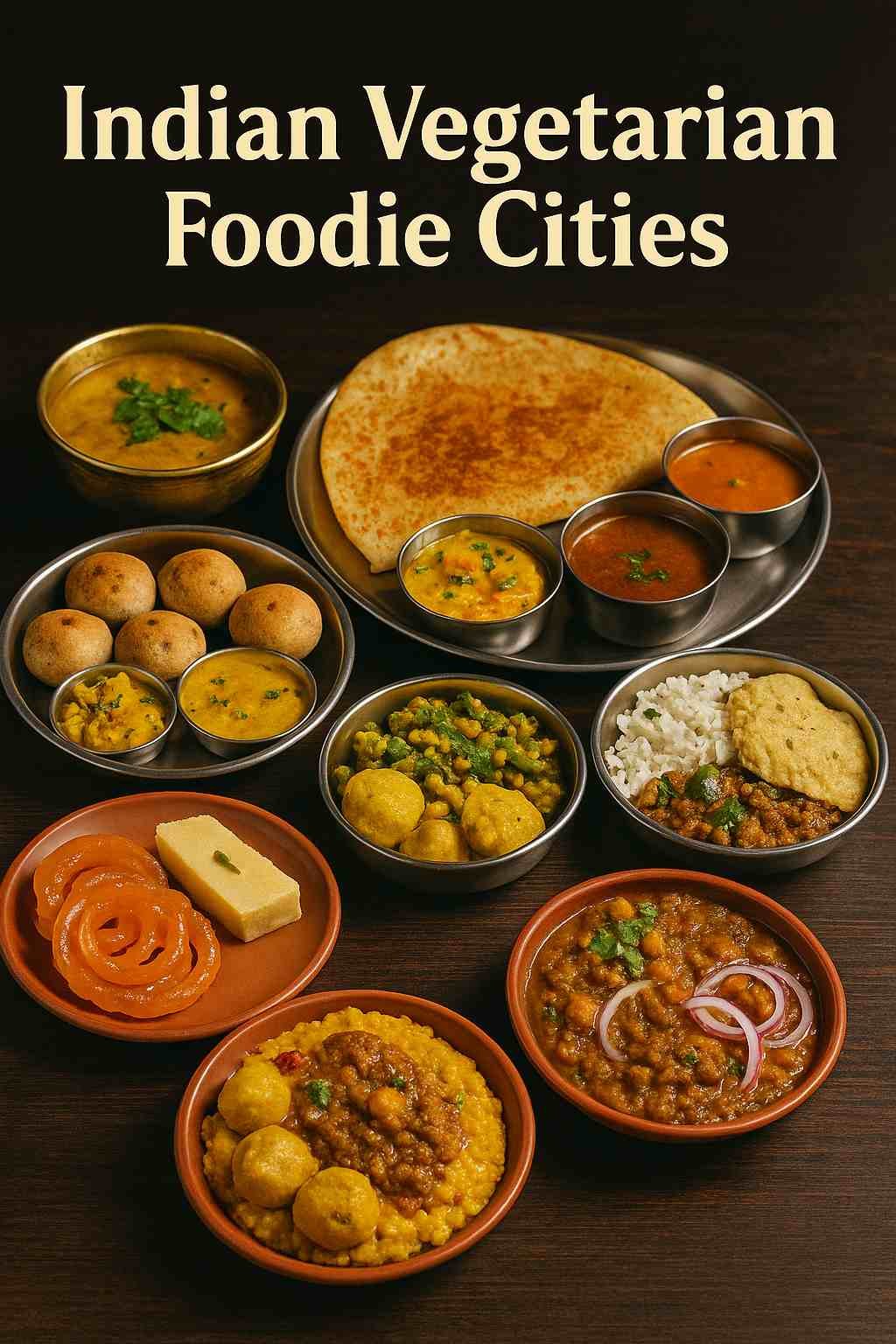 “Assorted Indian vegetarian dishes including masala dosa, thali, sandesh, phuchka and bhatura arranged on a dark wooden table with text overlay ‘Indian Vegetarian Foodie Cities’.”