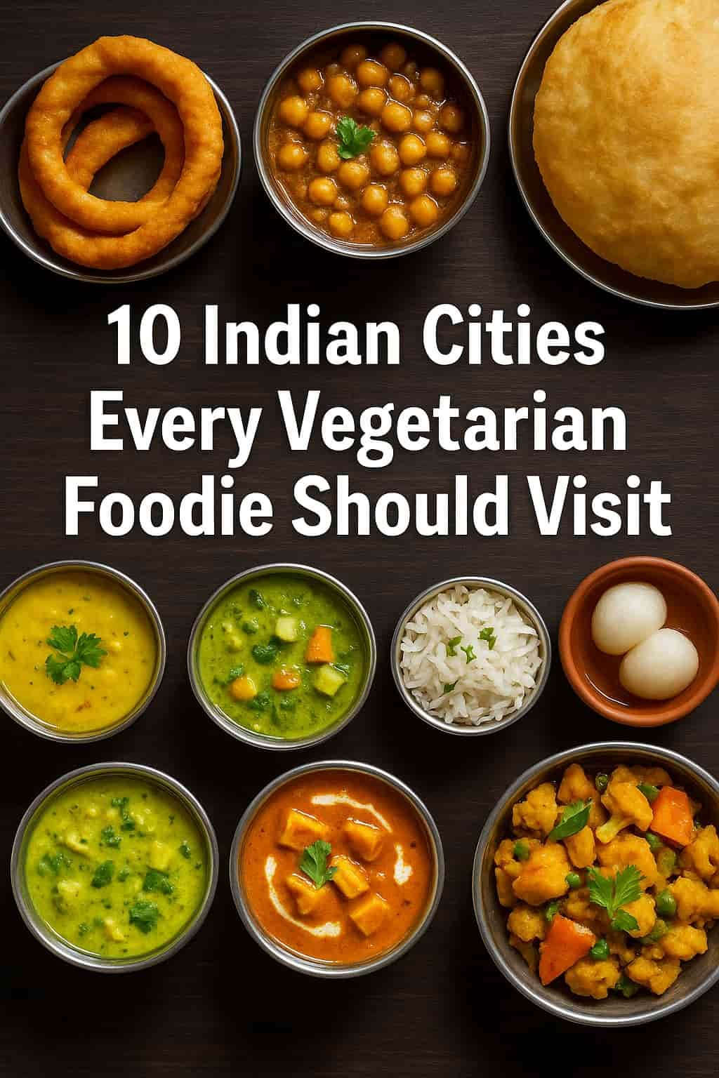 “Assorted bowls of Indian vegetarian dishes including dal, paneer curry, rice, puri, phirni, and mixed vegetable sabzi arranged around text ‘10 Indian Cities Every Vegetarian Foodie Should Visit’.”