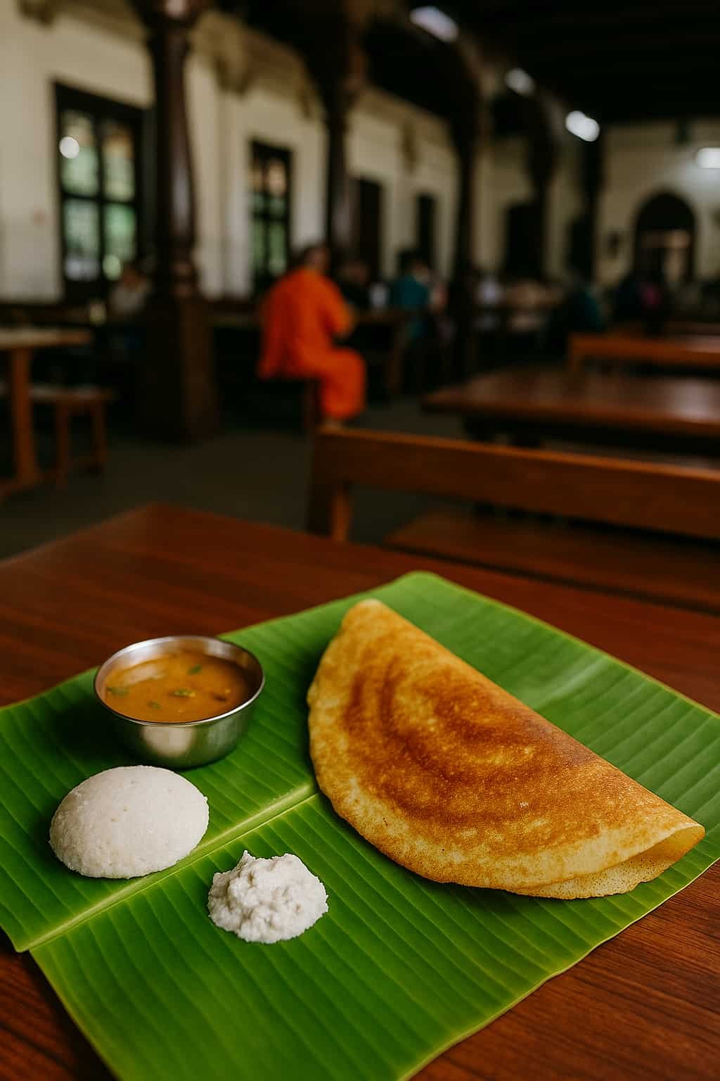 “Masala dosa and idli-sambar served on a banana leaf at Sri Krishna Matha canteen, Udupi”