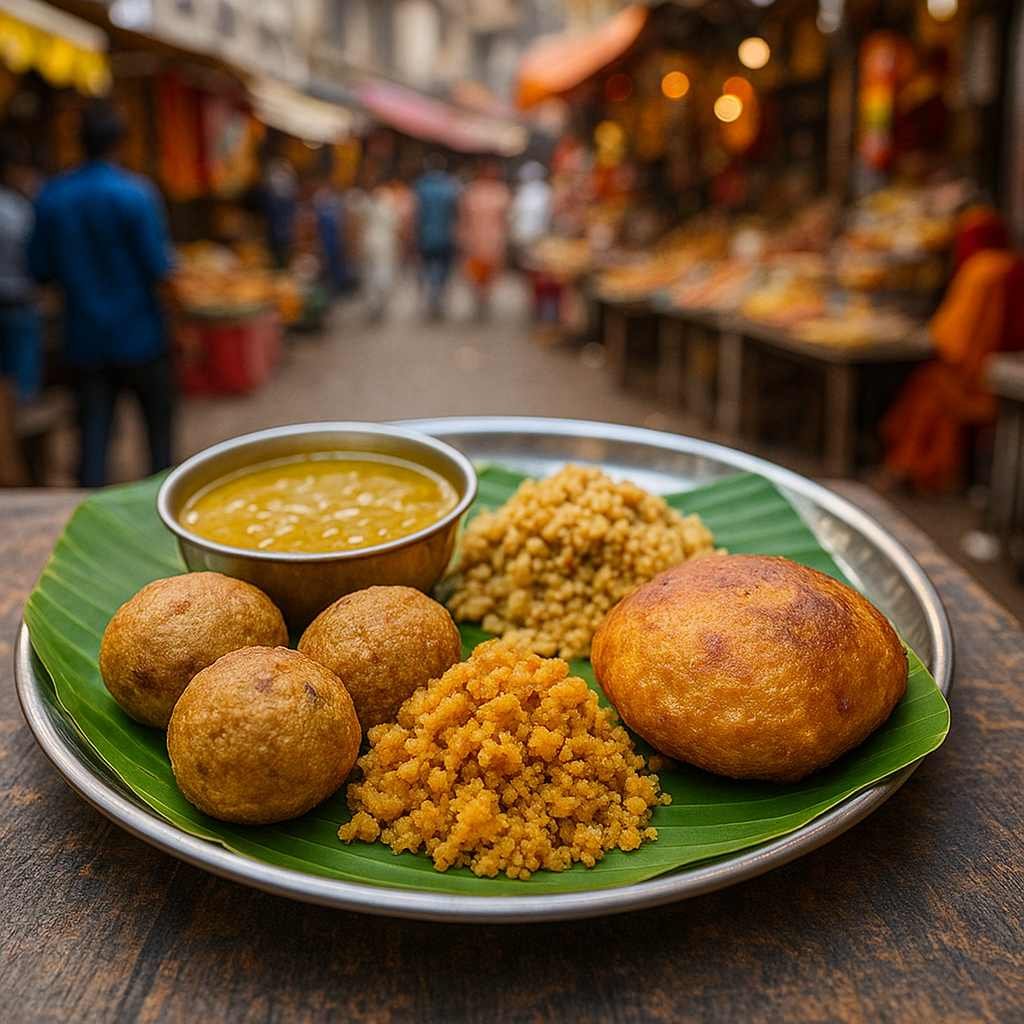 Dal baati churma and pyaz kachori served together at a street stall in Jaipur’s Johari Bazaar”