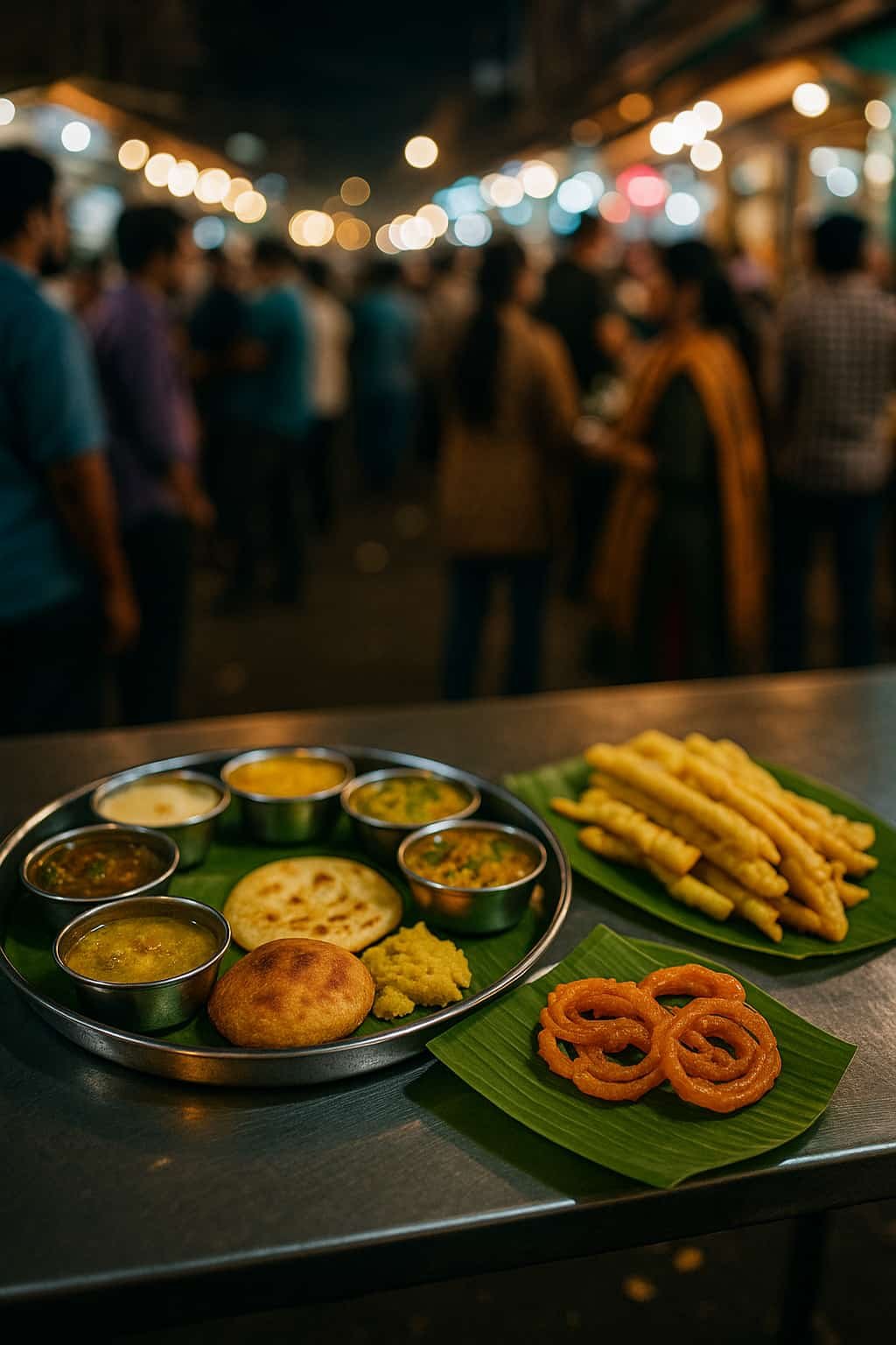 “Gujarati thali and fafda-jalebi on banana leaves at a night-time Manek Chowk stall, Ahmedabad”