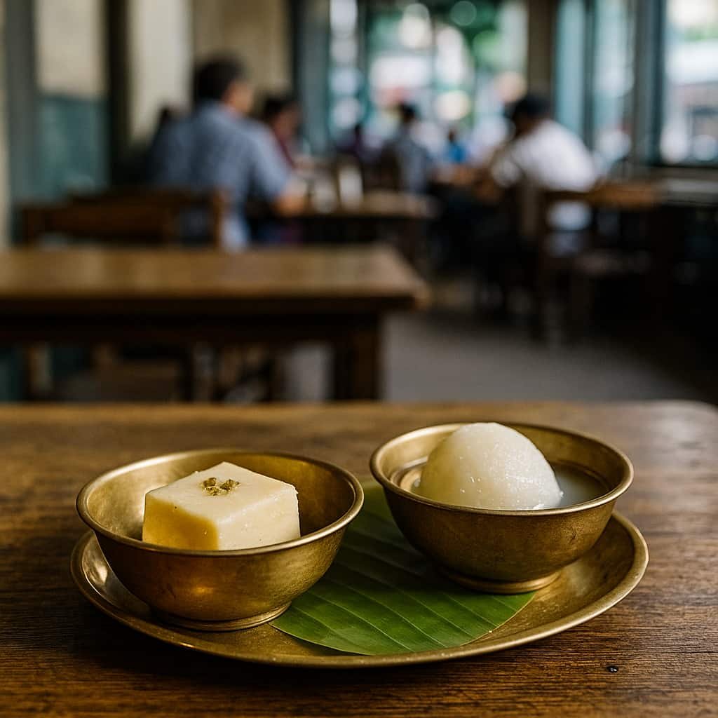 “Fresh sandesh and rasgulla served in brass bowls at a sweet shop on College Street, Kolkata”