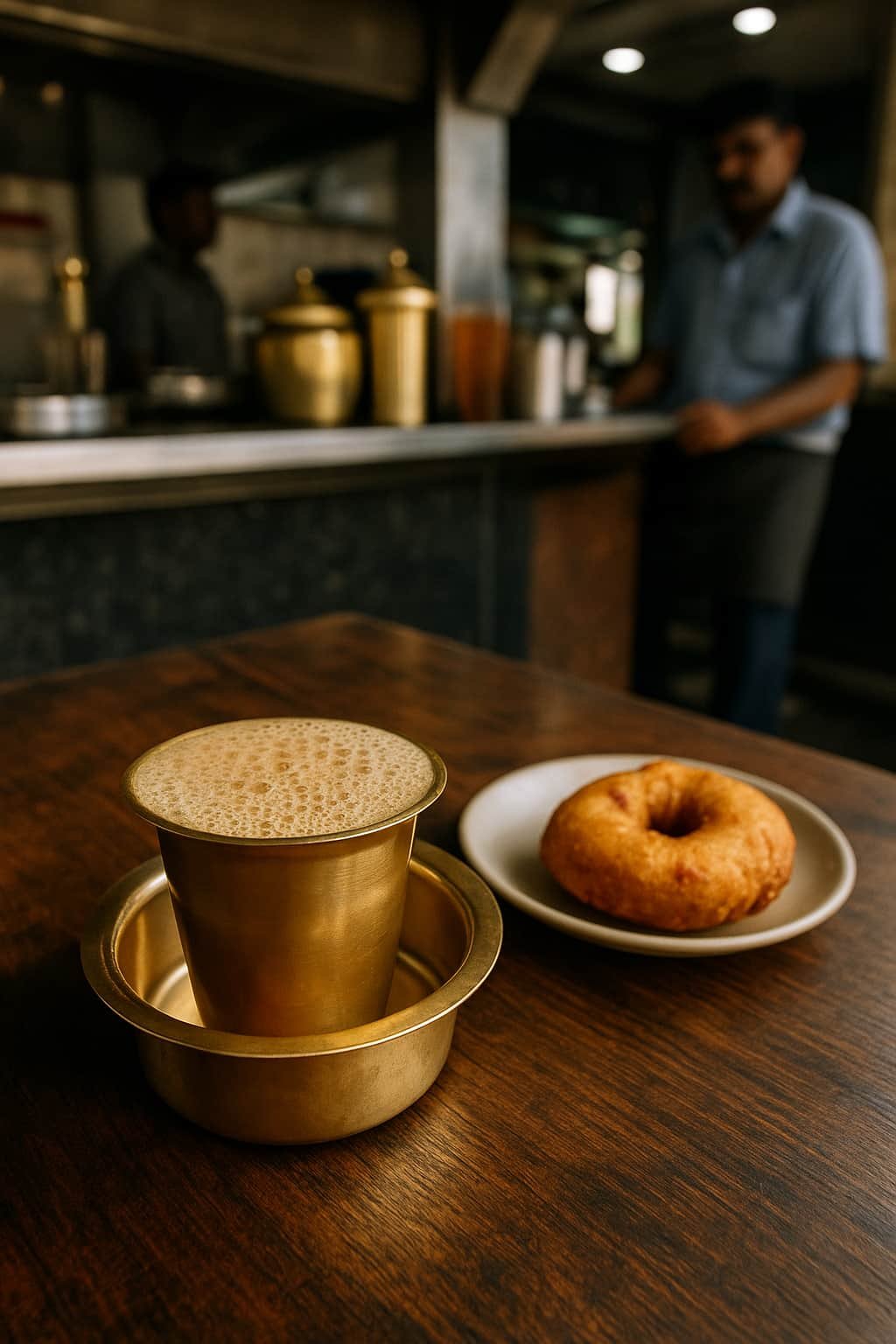 “Filter coffee in a brass tumbler alongside medu vada on a plate at a Chennai darshini”