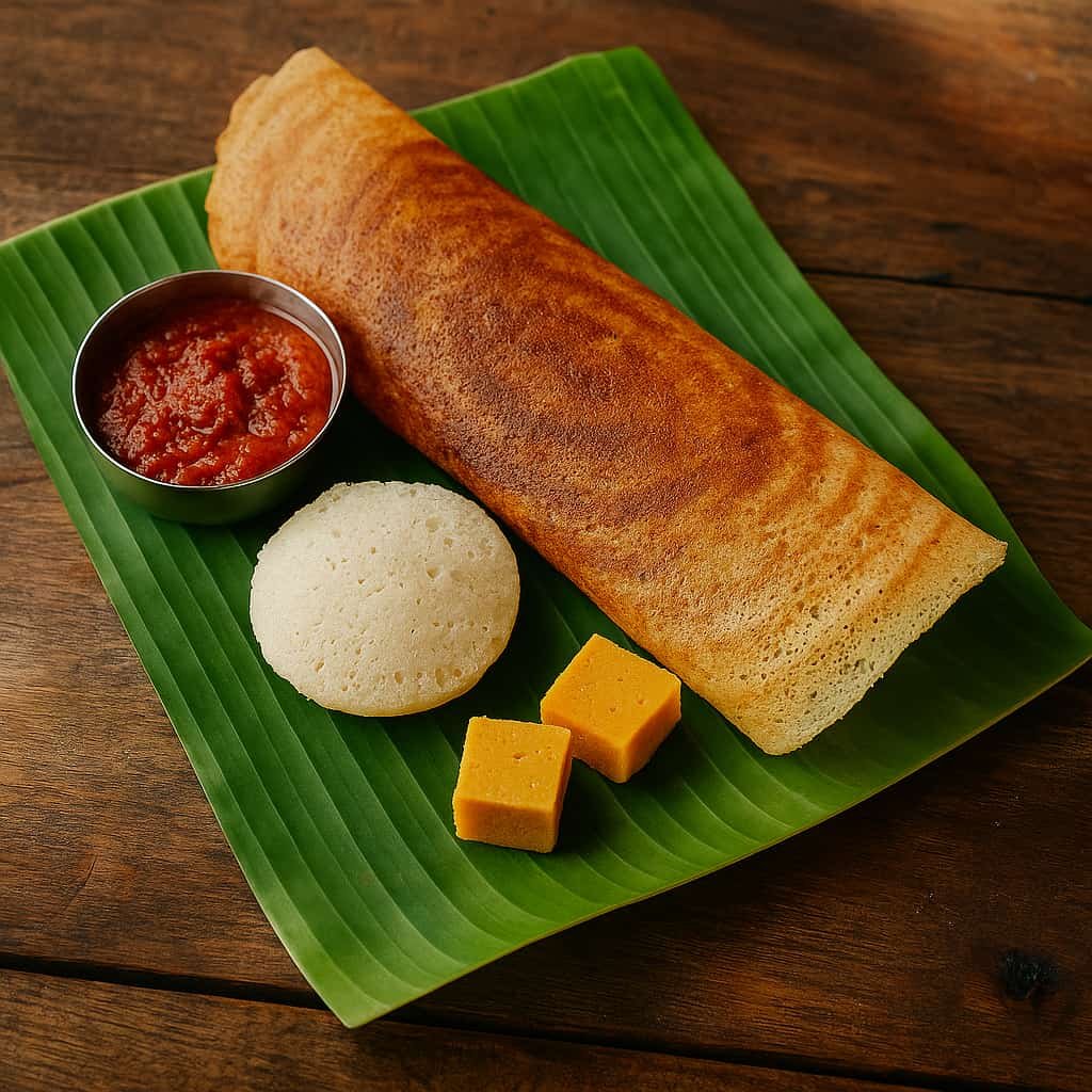 “Mysore masala dosa with red chutney and pieces of Mysore pak on a banana leaf, Mysore”