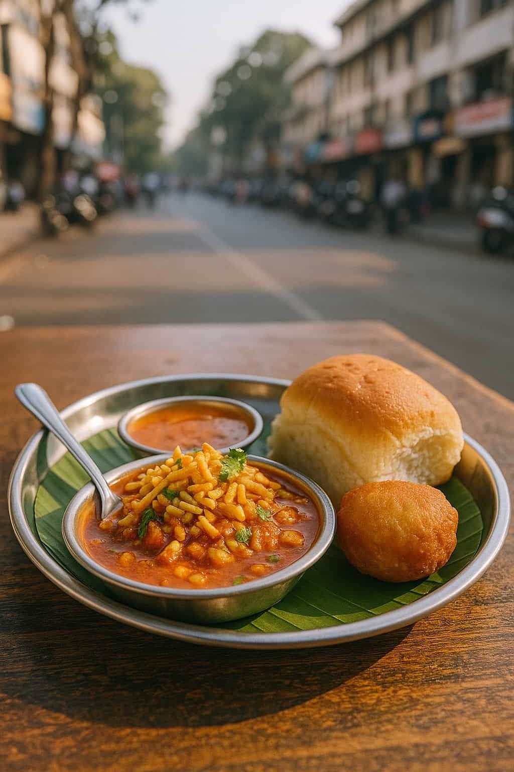 “Misal pav topped with crunchy farsan served on a banana leaf at FC Road, Pune”