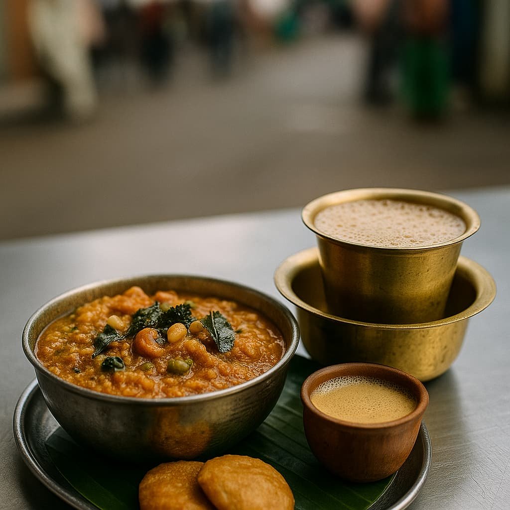 “Bisi bele bath in a steel bowl next to a brass filter coffee tumbler at VV Puram Food Street, Bangalore”