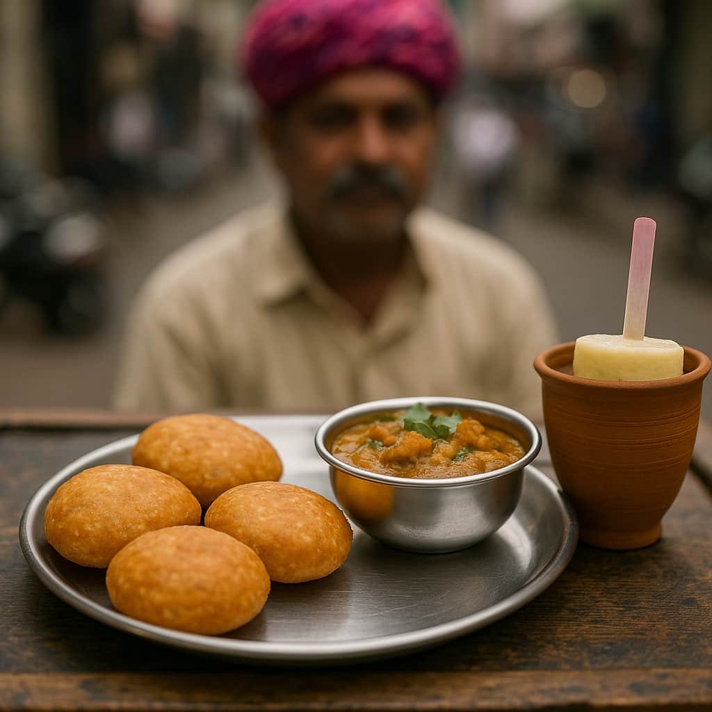 “Kachori sabzi with accompanying malai kulfi served from a Hazratganj street cart, Lucknow”