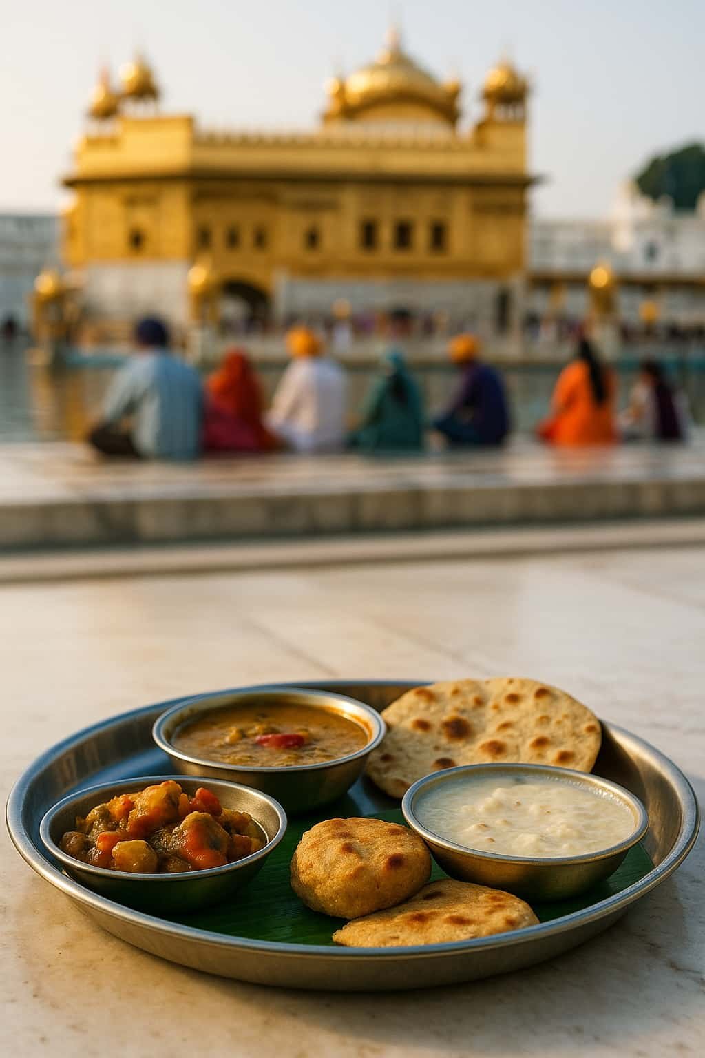 “Langar thali with dal, vegetable curry, rotis, kheer on a stainless-steel plate in the Golden Temple courtyard with pilgrims and temple architecture in soft focus background”