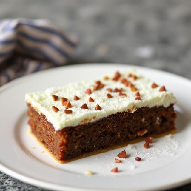 This image shows a slice of dessert, likely a cake or brownie topped with frosting and chocolate chips, presented on a plate