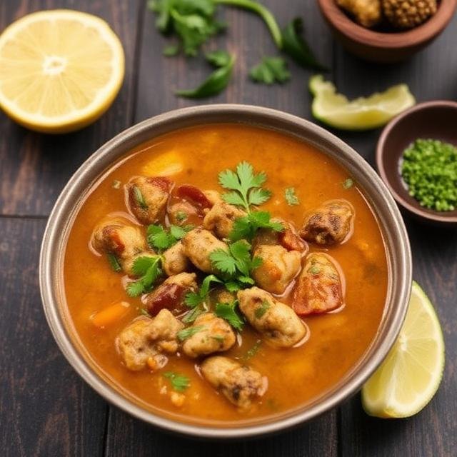 This image shows a bowl of a flavorful Indian curry garnished with coriander, lemon slices, and fresh herbs