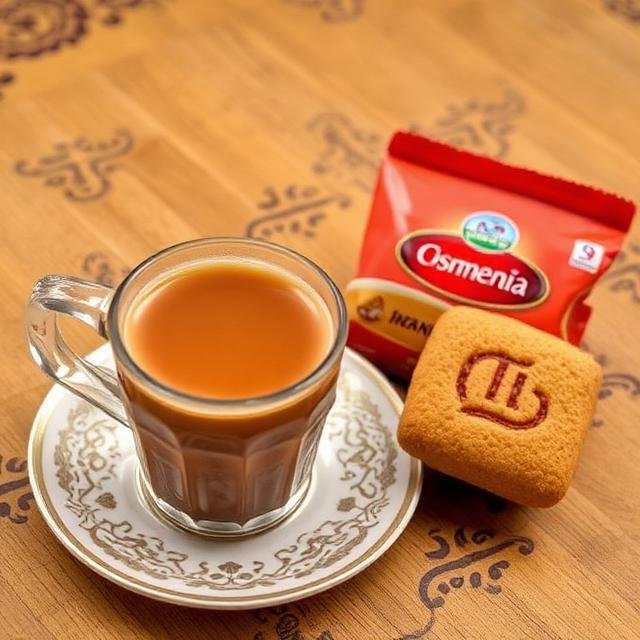 This image shows a glass of chai (tea) served with a Hyderabadi Osmania biscuit, along with its packaging in the background.