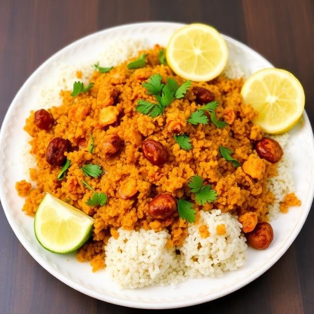 This image appears to show a plate of food, likely a spicy South Indian or Hyderabadi dish served with rice, garnished with lemon slices and coriander.