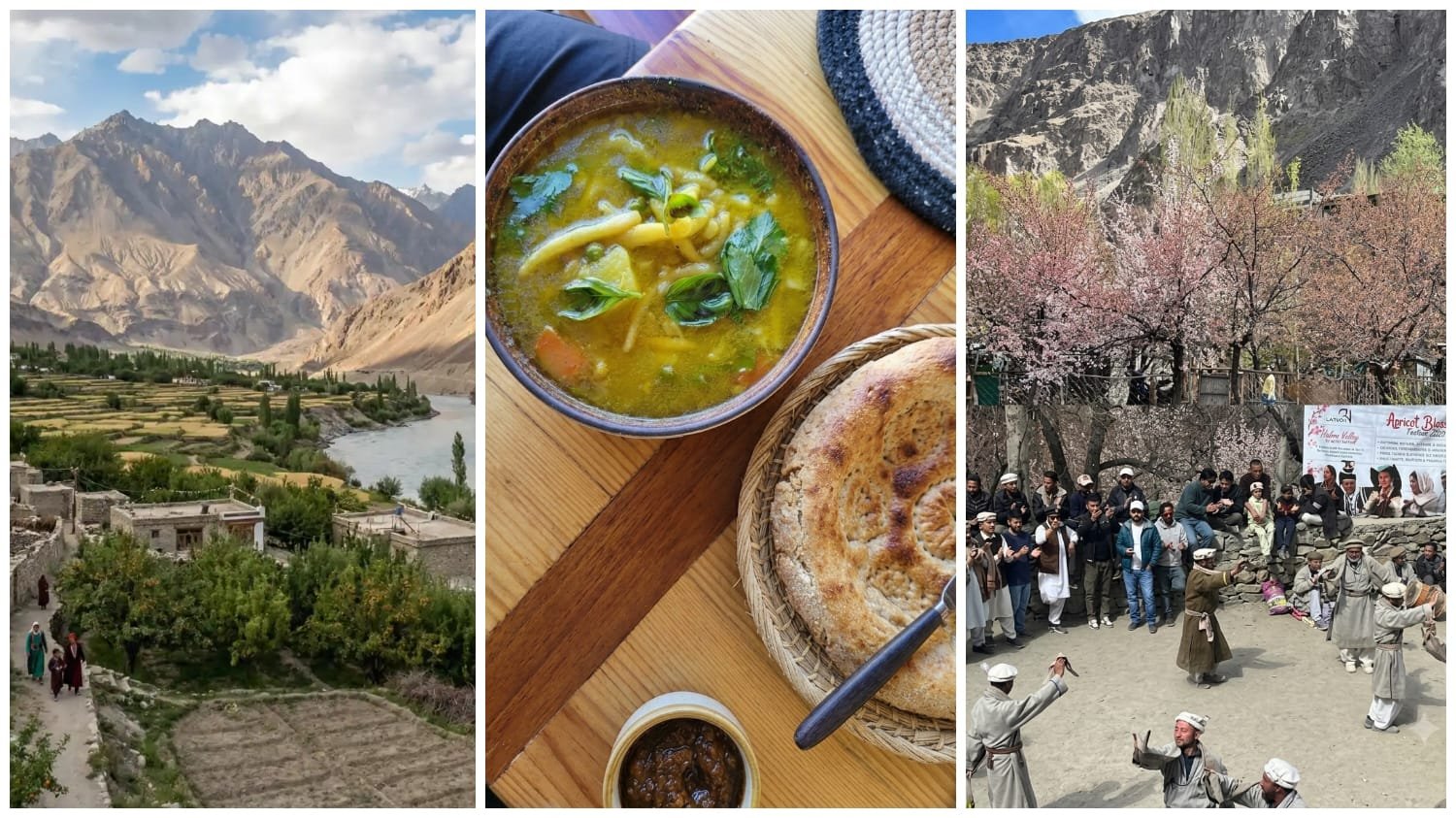 A three-part collage highlighting Turtuk village in Ladakh, featuring its scenic mountain landscape, traditional local cuisine, and villagers celebrating under blooming apricot trees.