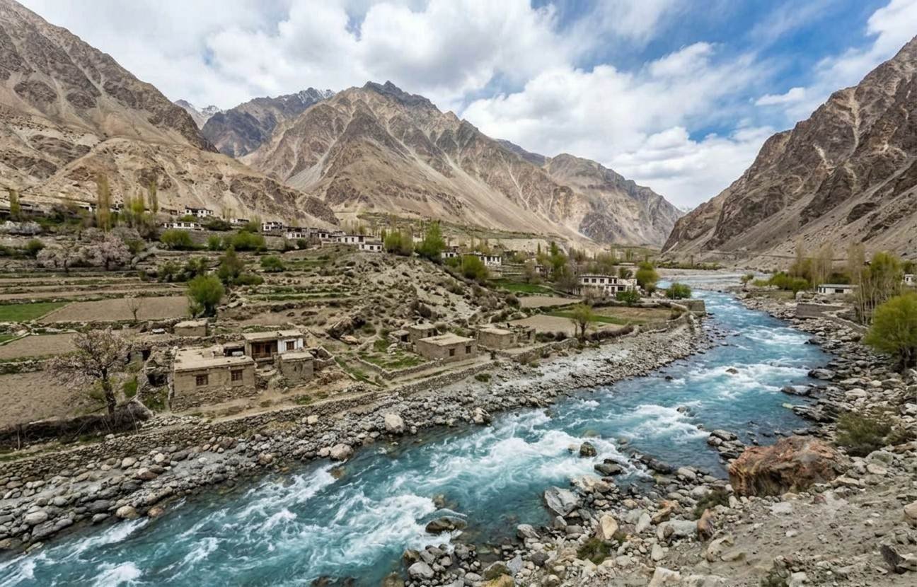 Landscape view of the Shyok River and mountains in Turtuk village, Ladskh.